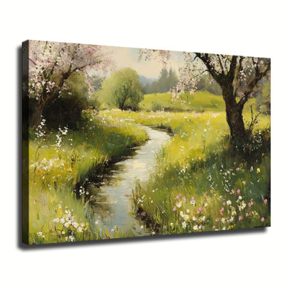 Tableau à l'huile représentant un verger en fleurs à Spring Creek, grande toile tendue sur châssis, idéale pour le salon ou la chambre.