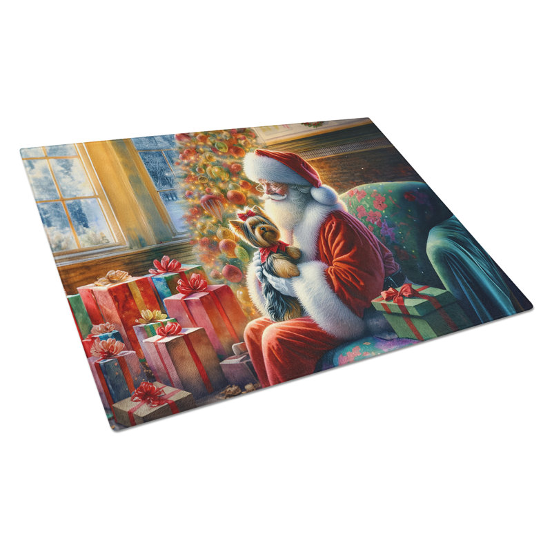 Planche à découper en verre Yorkshire Terrier Yorkie and Santa Claus