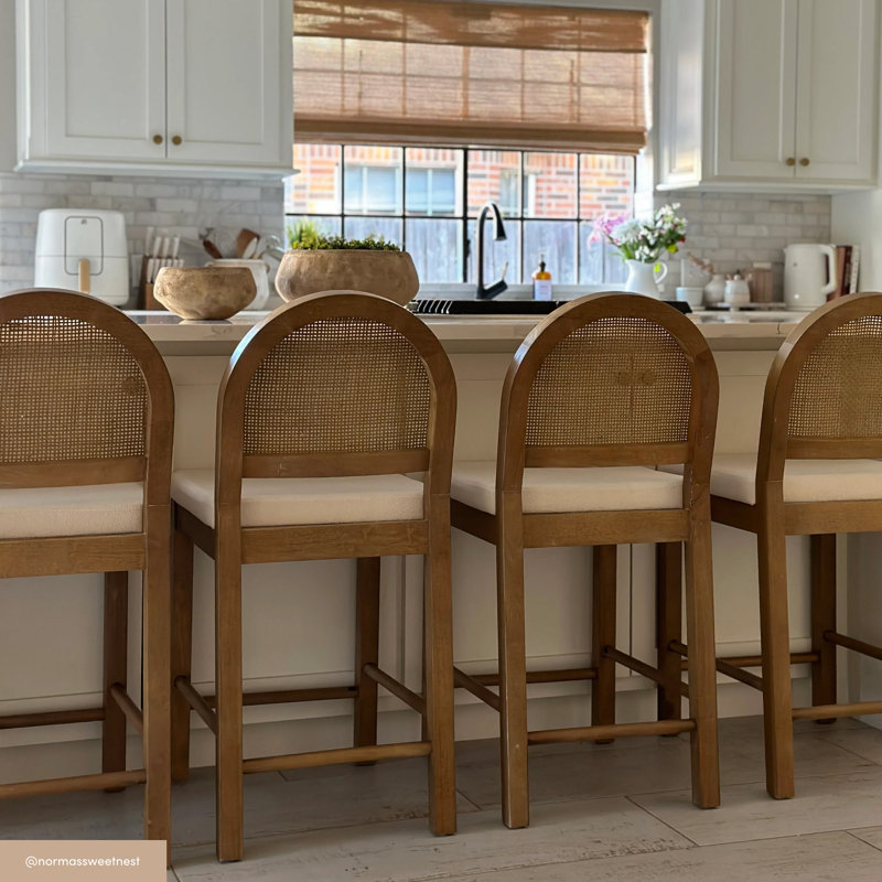 Boucle Upholstered Bar Stool with Woven Rattan Backrest, Cream/Light Brown, 1, Counter Stool (24” Seat Height)