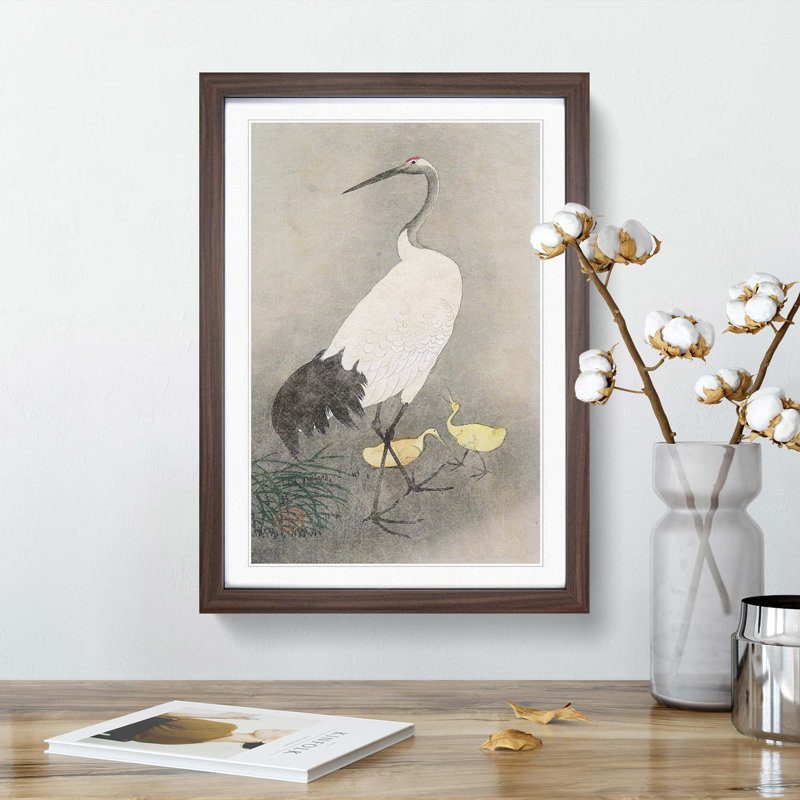 Crane & Chicks by Ohara Koson - Picture Frame Painting Print, Walnut Framed, 65cm H x 48cm W x 2cm D