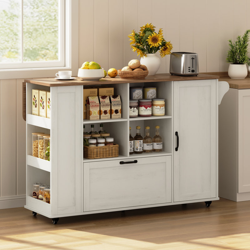 Îlot de cuisine de 120 cm avec rangement et abattant, table de bar à roulettes de style campagnard avec prise électrique