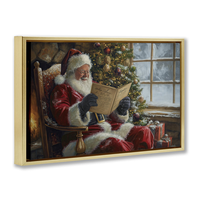 «Cheerful Santa Reading Canvas» par Imagine It Images, Cadre flottant métallique doré, H 21 po x l 31 po