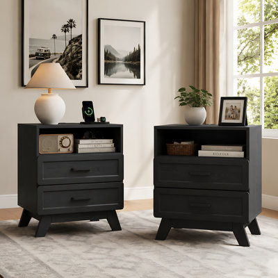 Ensemble de 2 tables de chevet avec station de charge, table de chevet de ferme de 23,6 po avec tiroirs d'angle arrondis, table de bout avec support stable à 4 pieds pour la chambre à coucher, le salon, Dorchester