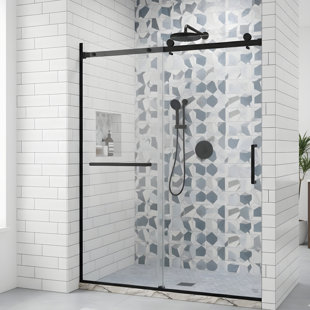 Porte de douche coulissante simple semi-encadrée, 56-60 pouces de large × 75 pouces de hauteur, acier inoxydable 304 noir mat, verre trempé clair SGCC de 5/16 pouce (8 mm) d'épaisseur.