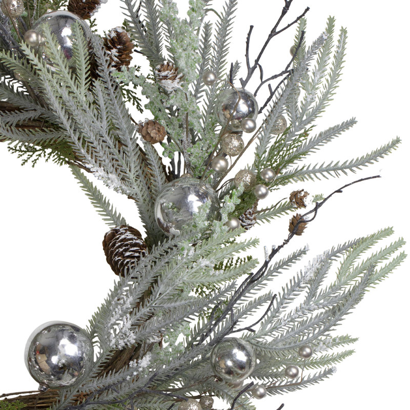 28" Frosted Artificial Pine Christmas Wreath with Silver Berries