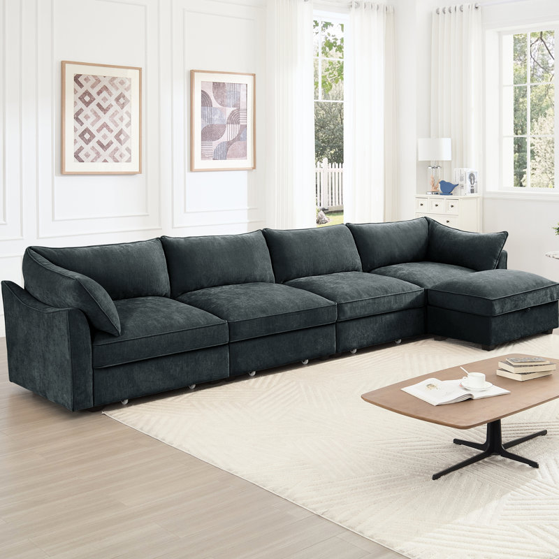 4 places en forme de L avec matériau en chenille enveloppant en forme de croissant et sous le rangement, parfait pour différentes configurations de maison, coussins d'accoudoirs, couleur grise coulissante, maisons contemporaines idéales