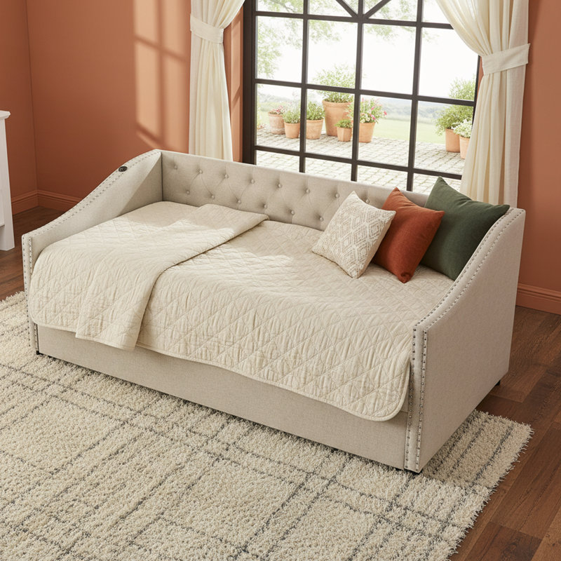 Lit de jour simple avec charge USB, lit extensible escamotable et conception élégante capitonnée pour une vie moderne, Beige