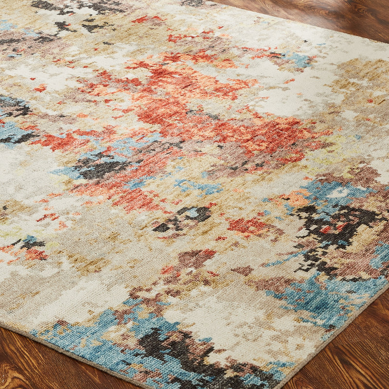 Duson Hand Knotted Wool Abstract Area Rug in Tan, Rectangle 10' x 14'