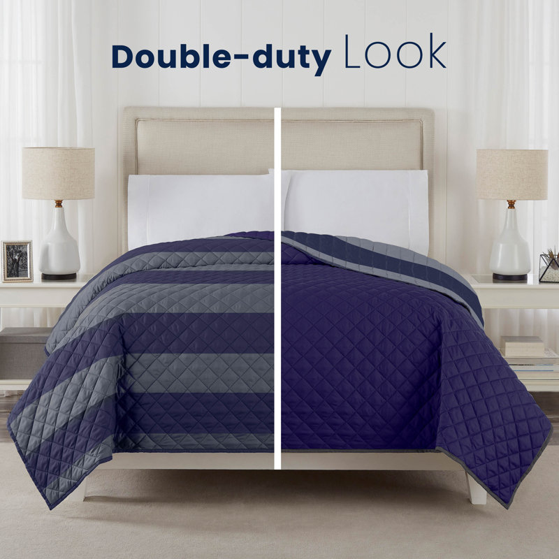 Martex Reversible Coverlet, Queen Coverlet / Bedspread, Graphite/Navy Rugby Stripe