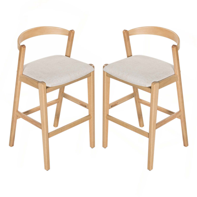 Tabouret de bar d'intérieur en bois d'hévéa avec revêtement beige (ensemble de 2), Naturel
