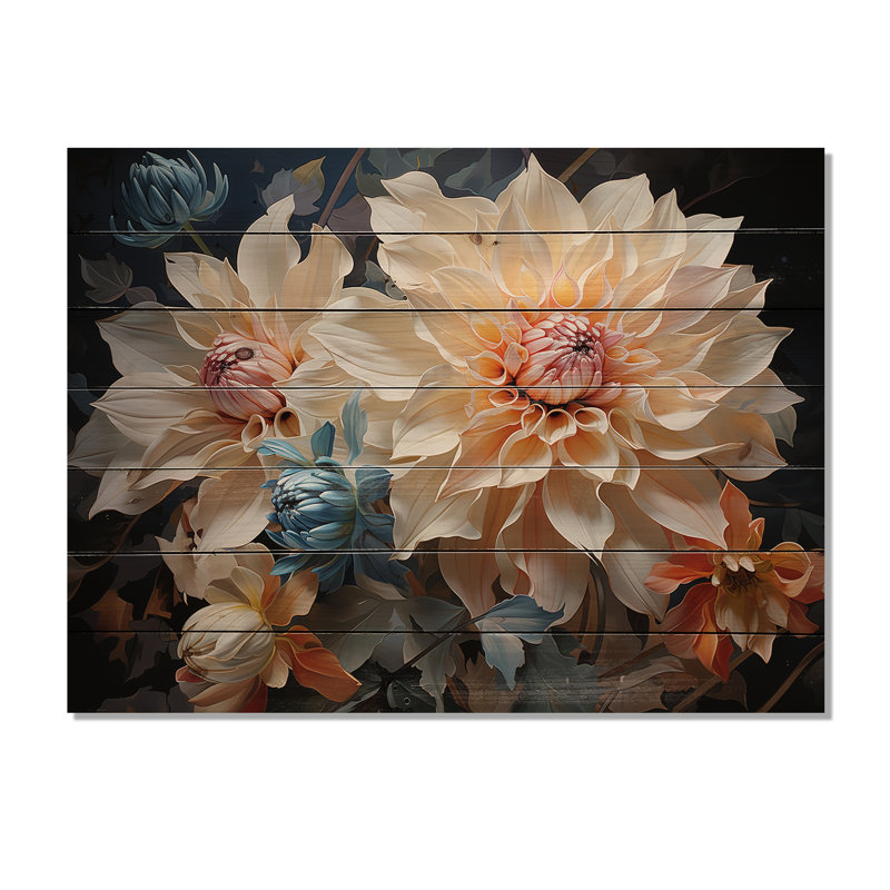 Symphonie colorée de Dahlia - art mural en bois de dahlia sur bois de pin naturel, H 10 po x l 20 po