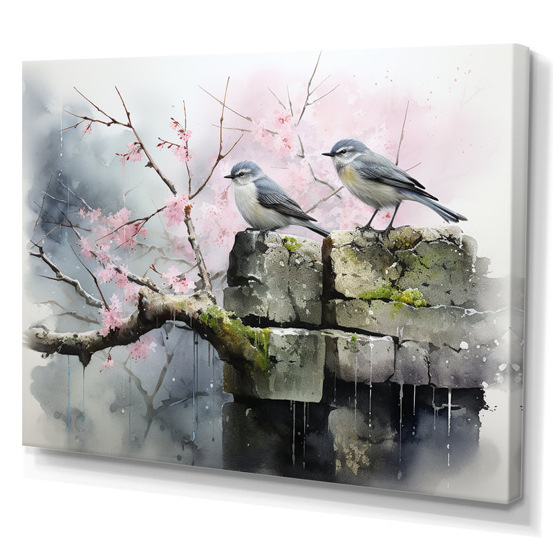 «Gray and Pink Spring Songbirds Blooms», art mural paysage, Toile tendue, H 16 po x l 32 po x P 1 po