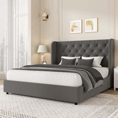 Kewania Bed，Upholstered Platform Bed with Curved Velvet Wingback
