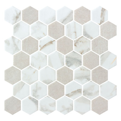 Haelm 2-in Hexagon Honeycomb Marble Look Upcycled Polished Glass Wall & Floor Mosaic Tile