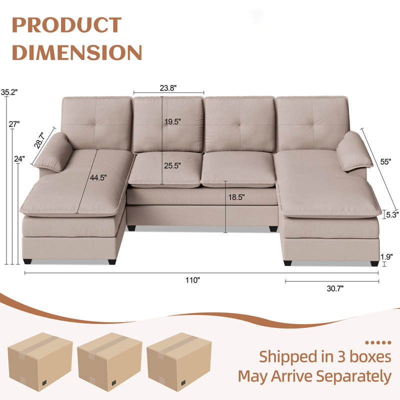 Rezarta 3-Piece Upholstered Sectional, Light Brown Linen Blend