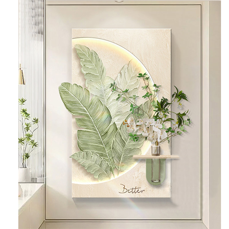 Décoration murale crème grès feuille tropicale avec lumière DEL et tablette d'entrée flottante