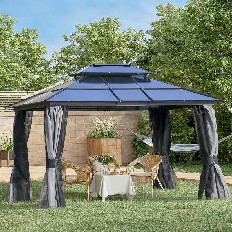 10X12ft Hardtop Gazebo, Polycarbonate Roof, Aluminum Frame, With Netting And Curtains, Gray