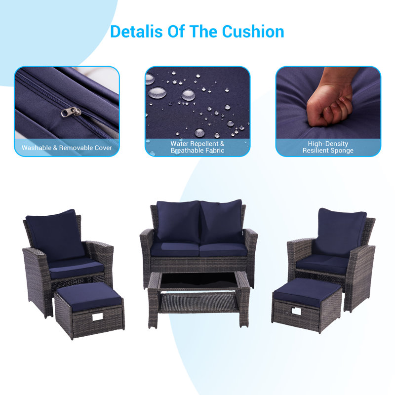 Wicker 6 - Person Patio Conversation Set, Navy Blue
