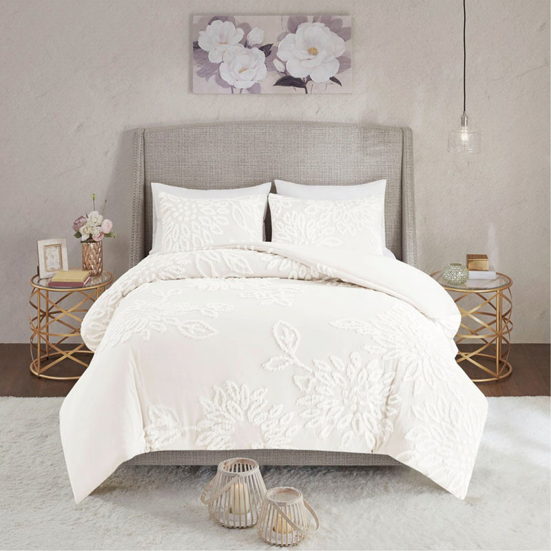Ensemble de housse de couette en chenille de coton capitonnée 3 pièces très grand / très grand californien, Blanc cassé