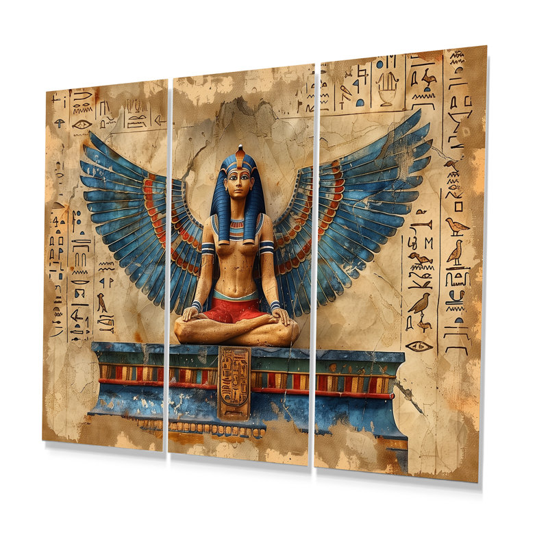 Bleu et beige, déesse égyptienne I - ensemble d'art mural égyptien, Métal métal, H 28 po x l 36 po x P 1 po