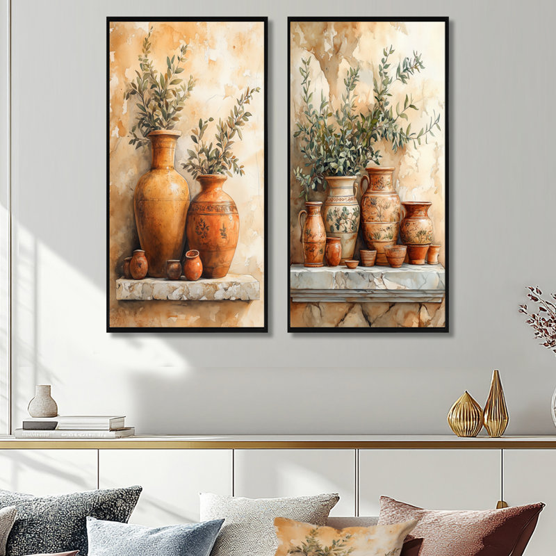 «Pottery Still Life», ensemble d'art mural 2 pièces, H 32 po x l 32 po, Cadre flottant noir