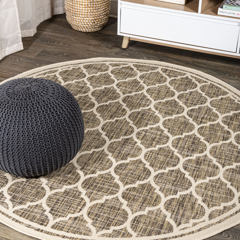 Hague Moroccan Trellis Textured Weave Brown/Beige Indoor/Outdoor Rug, Round 9'