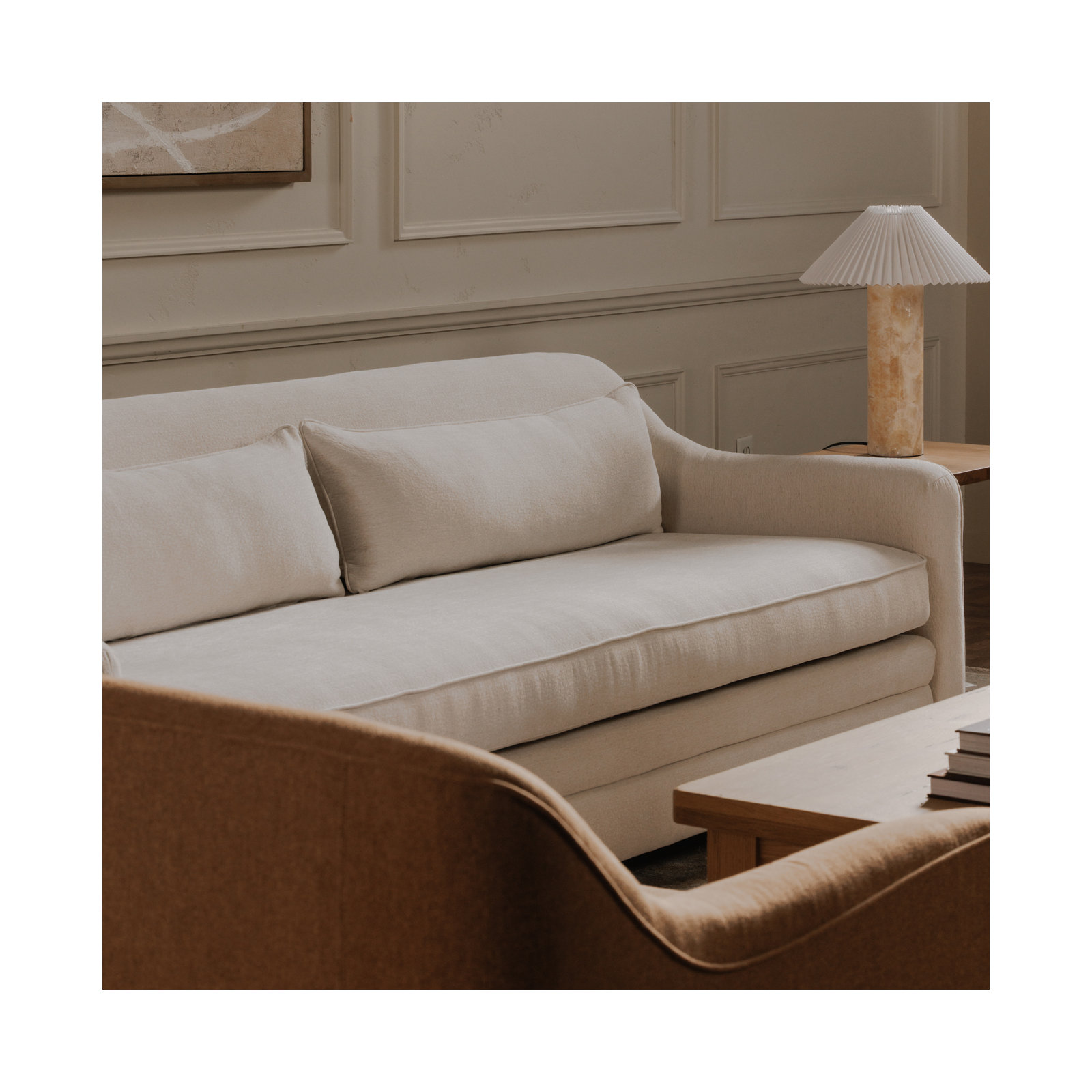Greely 92" Sloped Arm Upholstered Sofa, Oat Performance Boucle