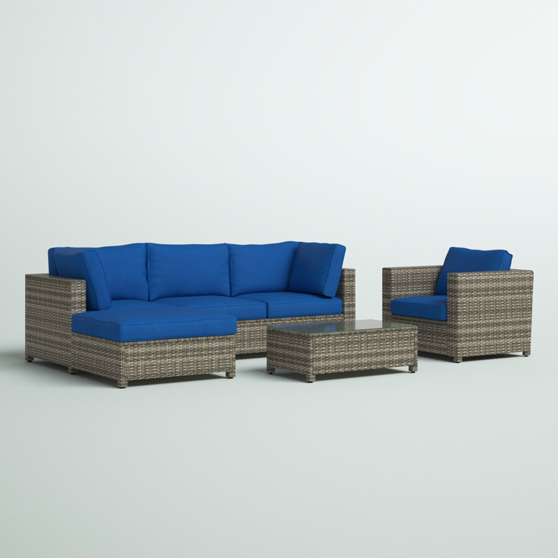 Ensemble de conversation modulaire en rotin avec coussins 4 pièces Acree, Structure grise / coussin bleu