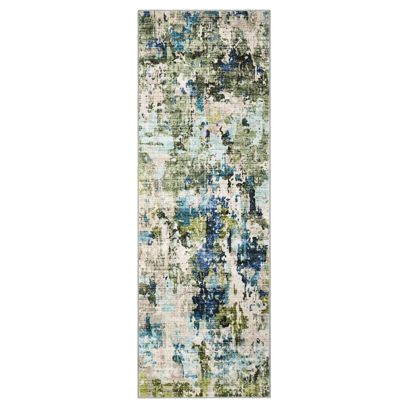 Modern Low Pile Washable Area Rug - Soft, Non-Slip, Collapsible Carpet - Mark Resistant, Easy Care Floor Mat for Living Room, Bedroom, Nursery - Pet & Child Friendly - Blue Grey Abstract Design
