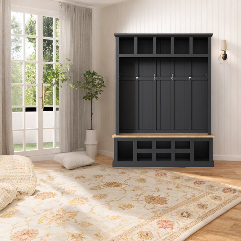 Calisto Hall Tree with Bench Entryway Shoe Cabinet with Hooks and Shoe Storage, Black