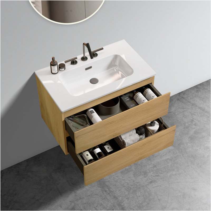 Wall Mount 30" Natural Oak Bathroom Vanity with Ceramic Sink with three faucet holes, Large Storage Floating Bathroom Vanity for Modern Bathroom, Pre-assembled