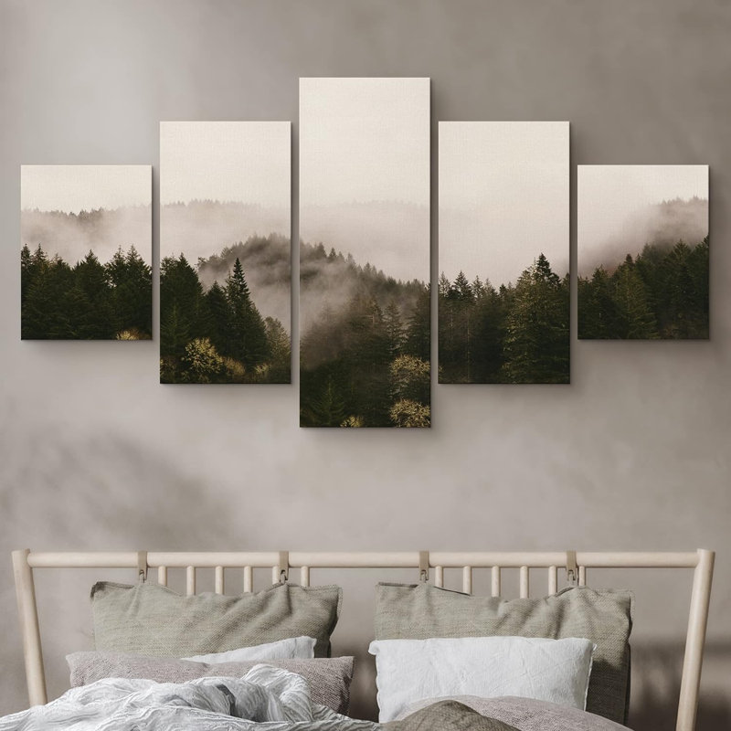 Misty Forest Landscape " Dawn Sunlight Morning Misty Forest Mountain Landscape " 5 Piece Art Set