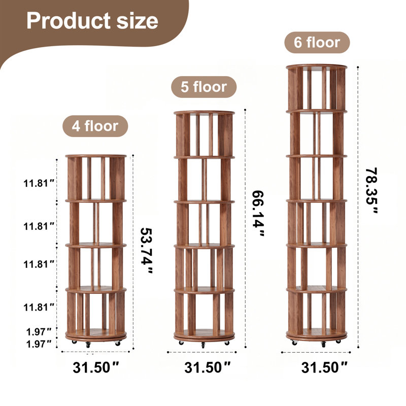 Bibliothèque rotative 100% bois massif sur roulettes, (5 tablettes) H 65 po x l 17,3 po x P 17,3 po
