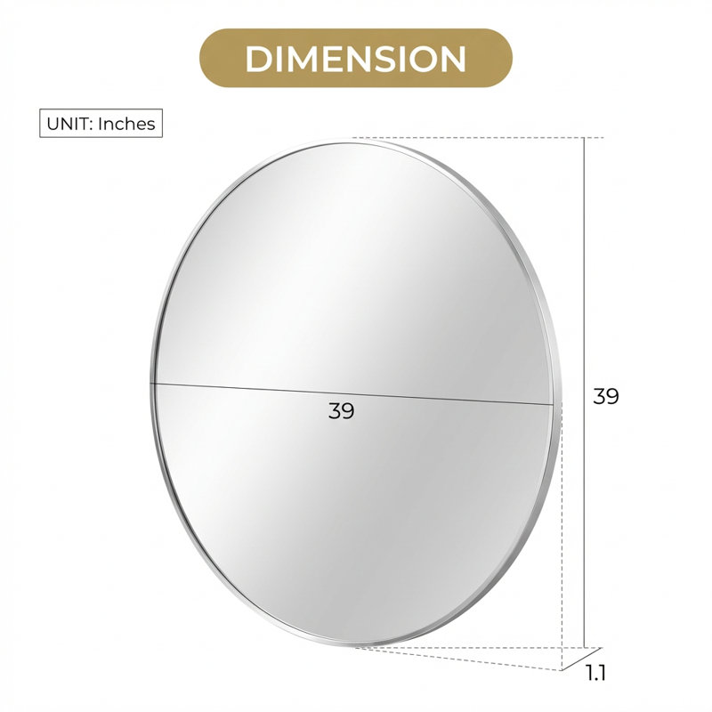 Grand miroir mural rond en métal argenté avec un design incassable pour une décoration moderne
