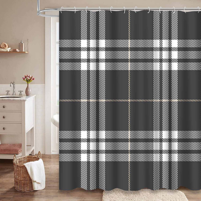 Rideau de douche à motif abstrait tartan gris avec 12 crochets, L 72 po x l 84 po