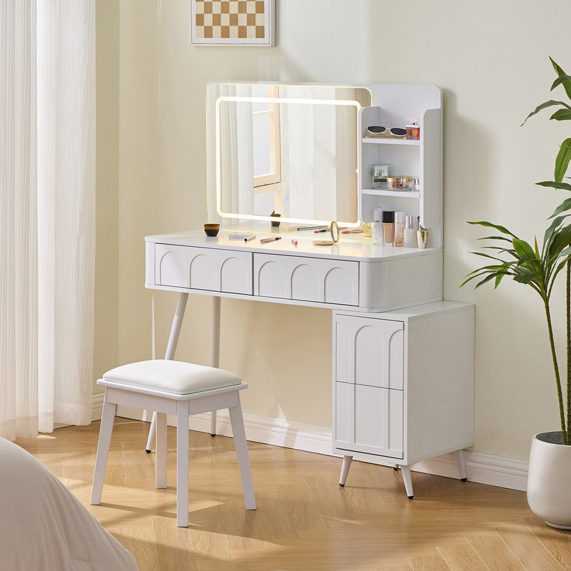 Modern Makeup Vanity Desk with LED Lights & Mirror, 4 Drawer Dressing Table Set with Stool, 3 Colors Dimmable Brightness, Space-Saving for Bedroom, White