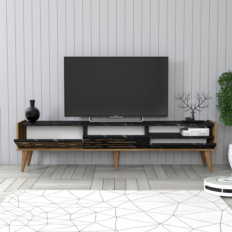 Meuble télé moderne avec plusieurs tablettes, finition noyer et marbre noir, 70,9 x 13,8 x 27,6 pouces | 100% panneau de particules enduit de mélamine, poignées et pieds élégants en plastique | Design scandinave géométrique, rangement supplémentaire