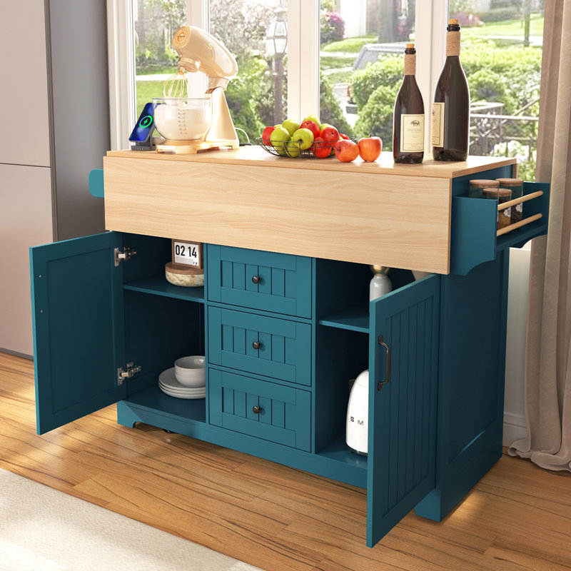 55.7" Kitchen Island With Folding Feature, 2 Drop Leaf, Power Station, 3 Drawers And Luxury Appearance, Spacious Cart Dining Table Empire Style,