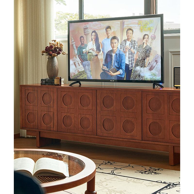 Meuble télé encastré à panneau circulaire en bois massif avec rangement à quatre portes