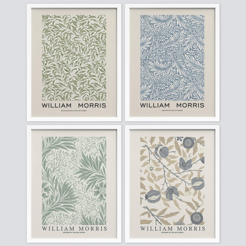 Motif floral bleu et vert sur papier, 4 pièces par William Morris, Blanc, H 10 po x l 8 po