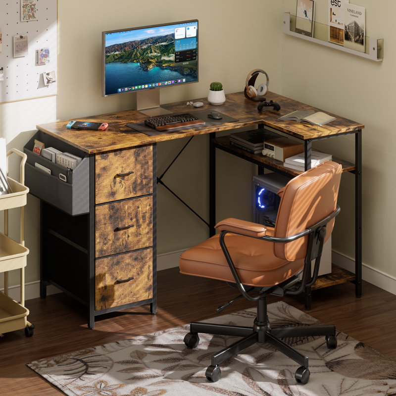 Bureau d'ordinateur de 55 po avec sac de rangement et 3 tiroirs en tissu, bureau d'angle avec tablettes pour bureau à domicile compact