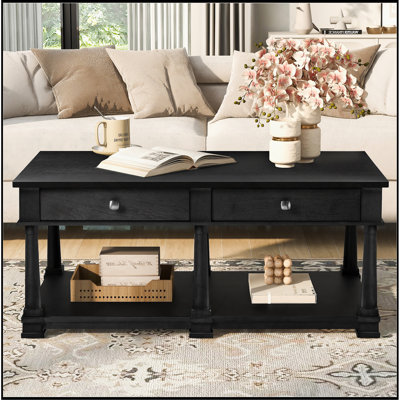 Farmhouse Wooden Coffee Table with 2 Storage Drawers & Lower Open Shelf, Rectangular Cocktail Table with Solid Wood Legs for Living Room
