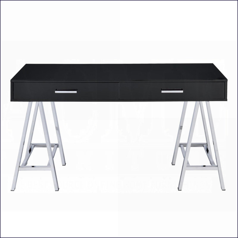 Writing Desk, 54” Wide Modern Black High Gloss with 2 Drawers, Chrome Metal Base | Black+Silver | Wood+Metal