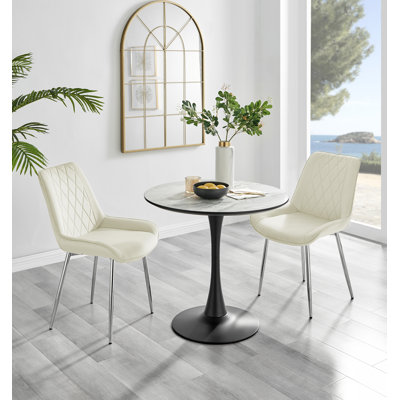 Marble Effect Round Dining Table and 2 Upholstered Dining Chairs