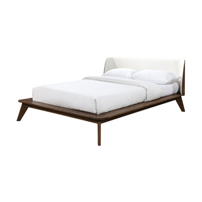 Walnut Solid Wood Mid - Century Modern Queen Size Bed, Platform Bed With Fabric Winged Edge Headboard, Tapered Angled Leg, Mattress Ready In Color, Pa