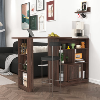 Bar noyer avec 6 panneaux de rangement et tablette pivotante en noyer, avec 2 portes vitrées