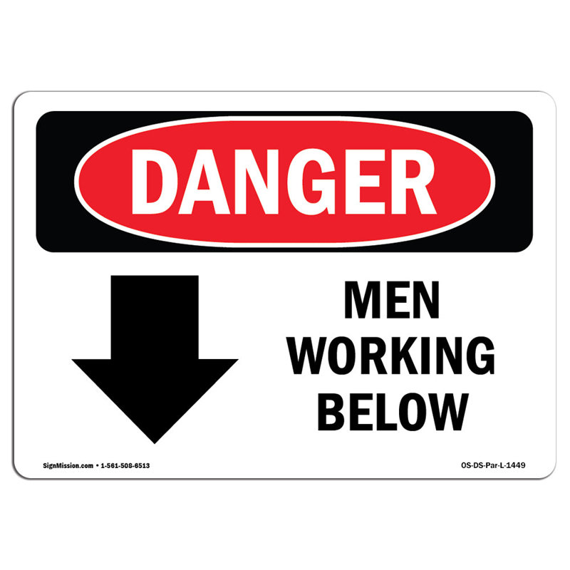 OSHA Danger Men Working Below Sign, 18" H x 24" W x 0.1" D