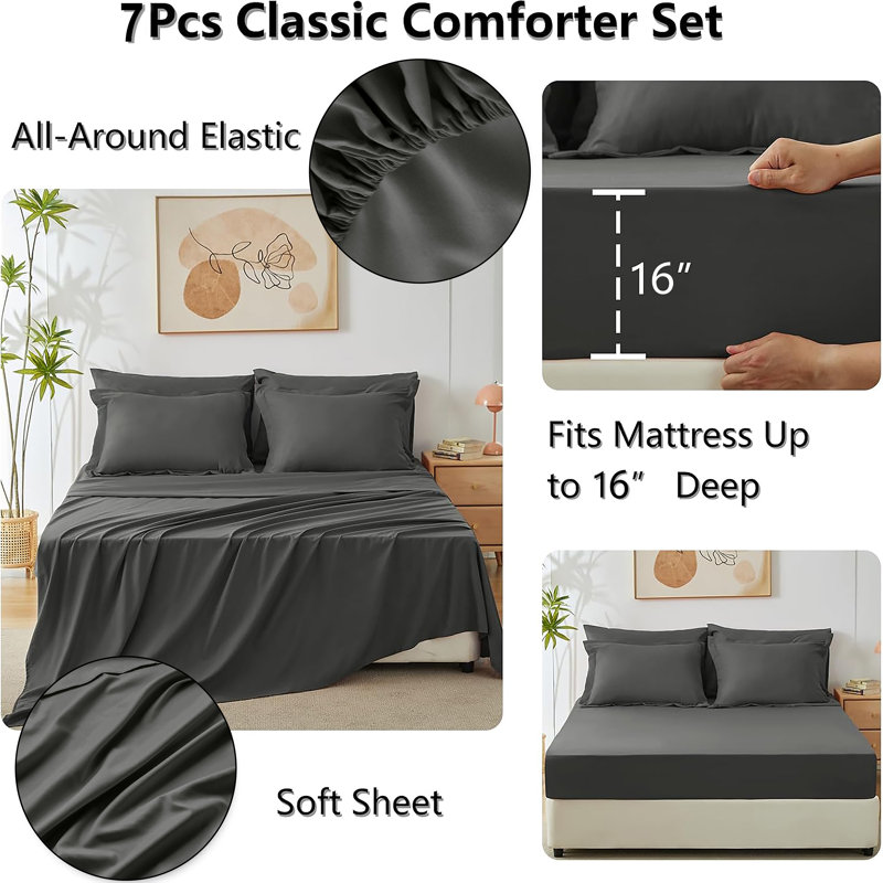 Barnicoat Microfiber Reversible Comforter Set, Dark Gray, Queen Comforter + 6 Additional Pieces