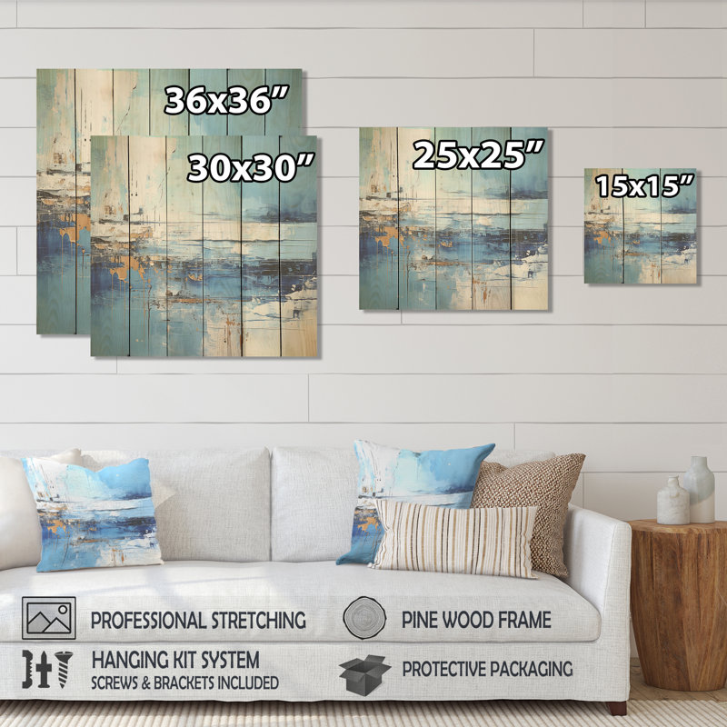 «Blue and Beige Tranquility Beach III» - minimalisme côtier sur bois, H 36 po x l 36 po