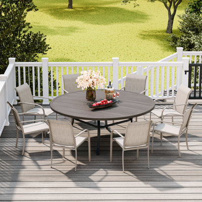 Patio Dining Set with 60" Round Metal Dining Table and 8 Stackable PVC-coated polyester Chairs